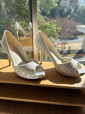 pink paradox London White Lace Peep-Toe Stilettos